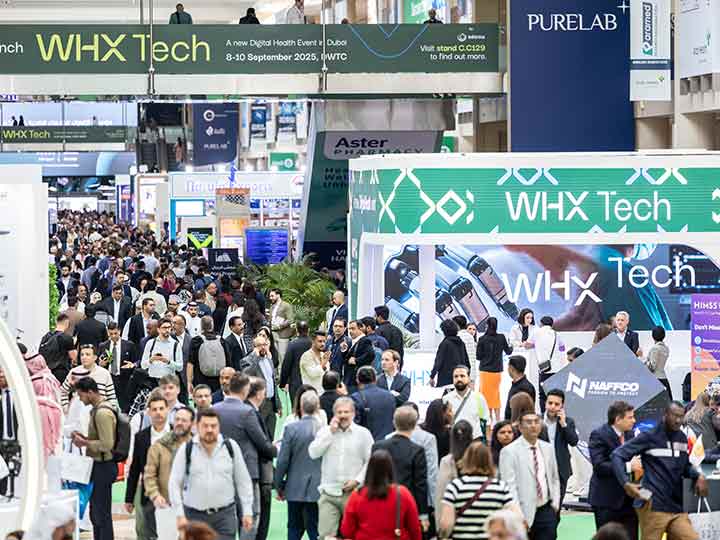 WHX Tech event hall with attendees and WHX Tech signage