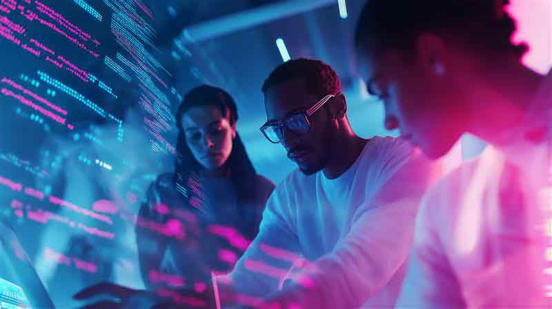 3 individuals working on a laptop with AI