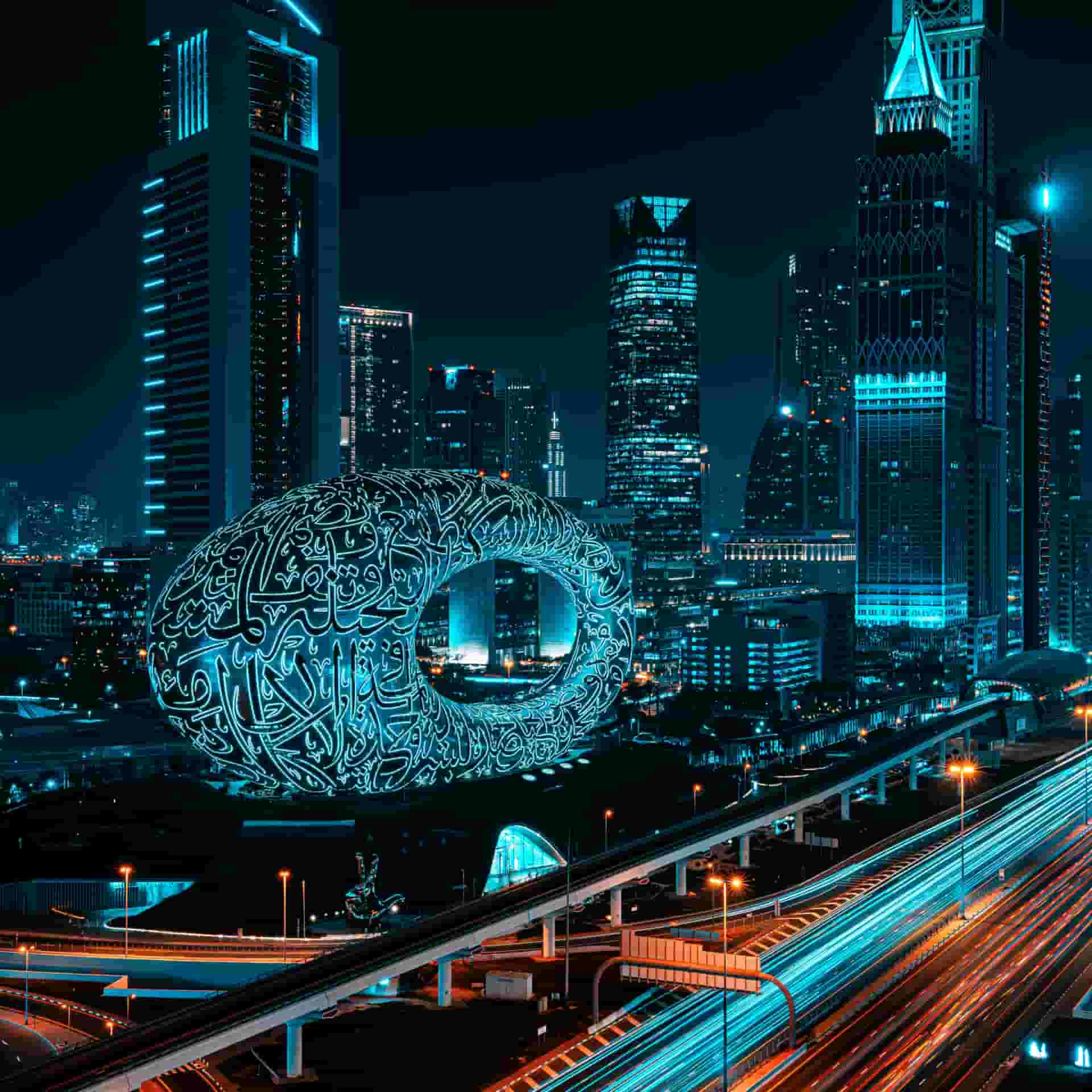 Museum of the future in Dubai at night.