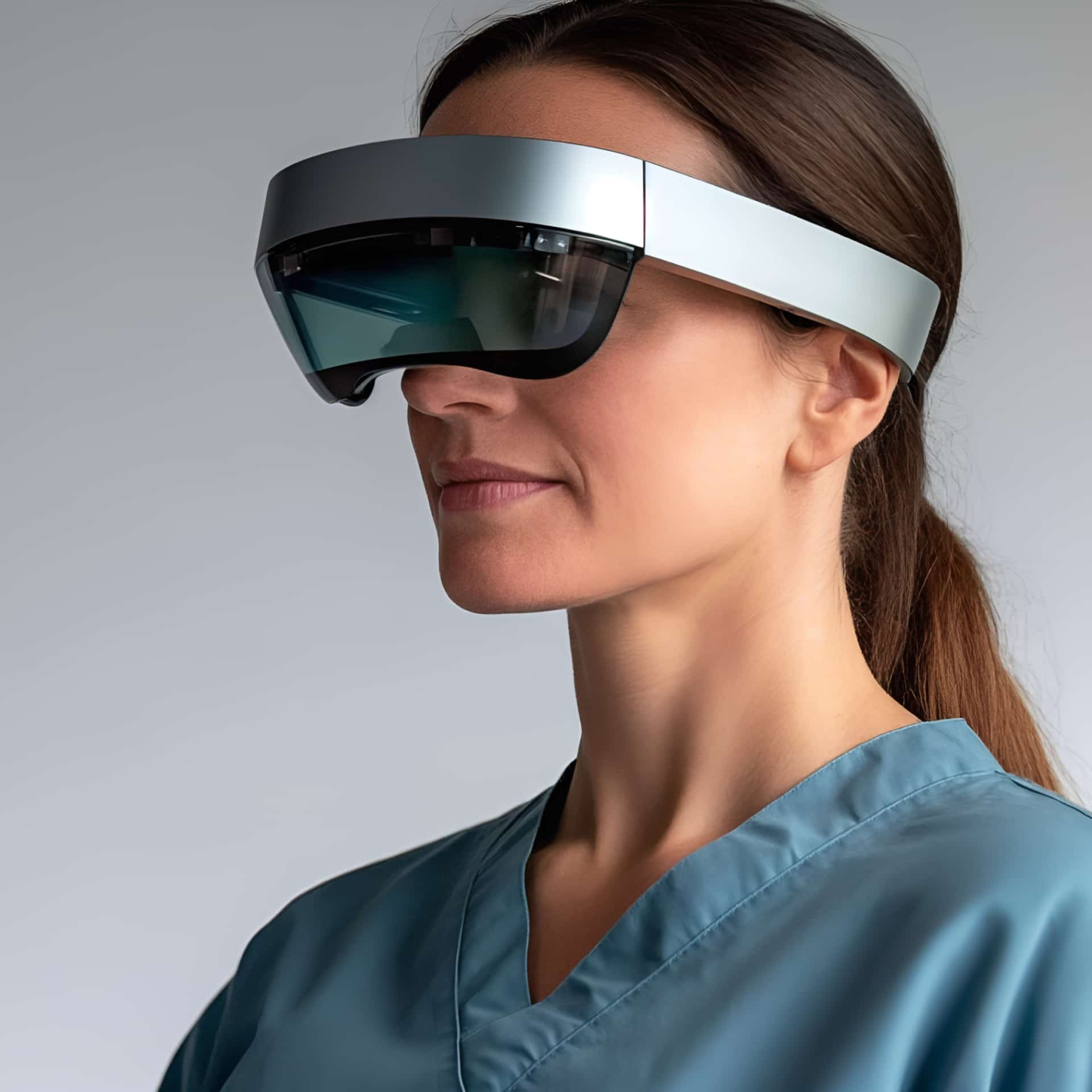 A medical professional in scrubs using spatial computer headset.