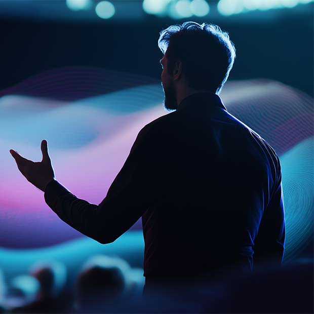 Male host presenting to an audience at an event on stage