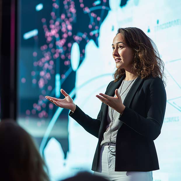 Female speaker presenting on stage at a healthcare tech event