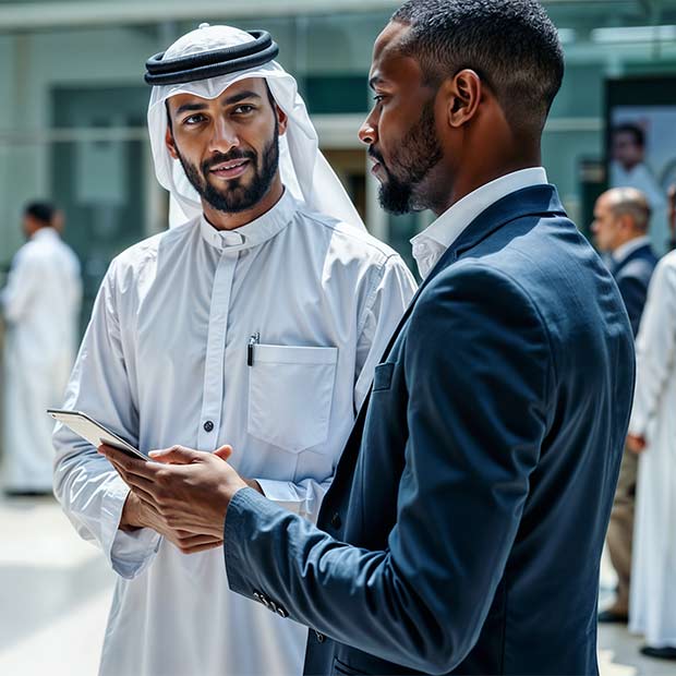 Exhibitors and buyers in discussions