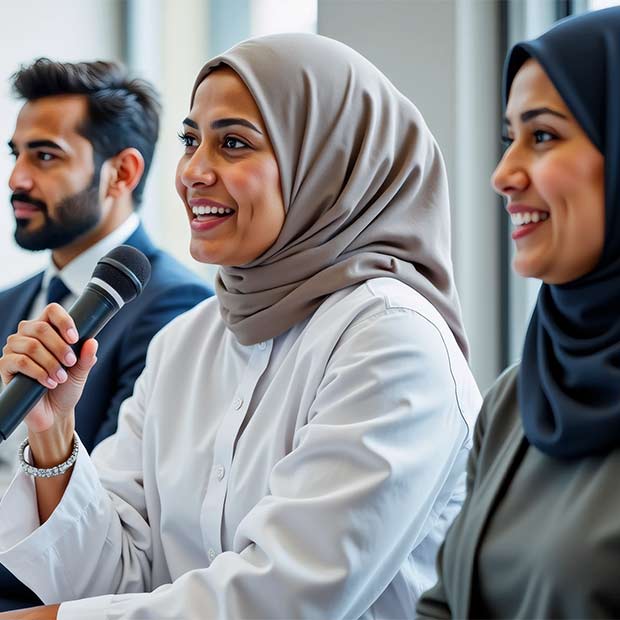 Female with microphone asking questions at an event