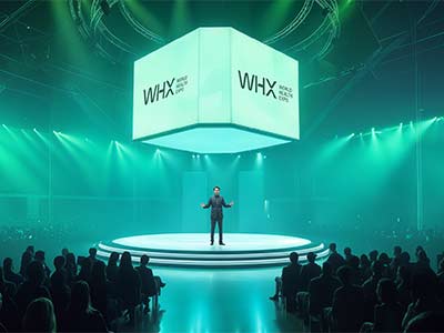 Male presenting on a WHX stage