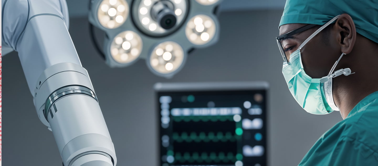 Surgeon in scrubs using a robotic arm.