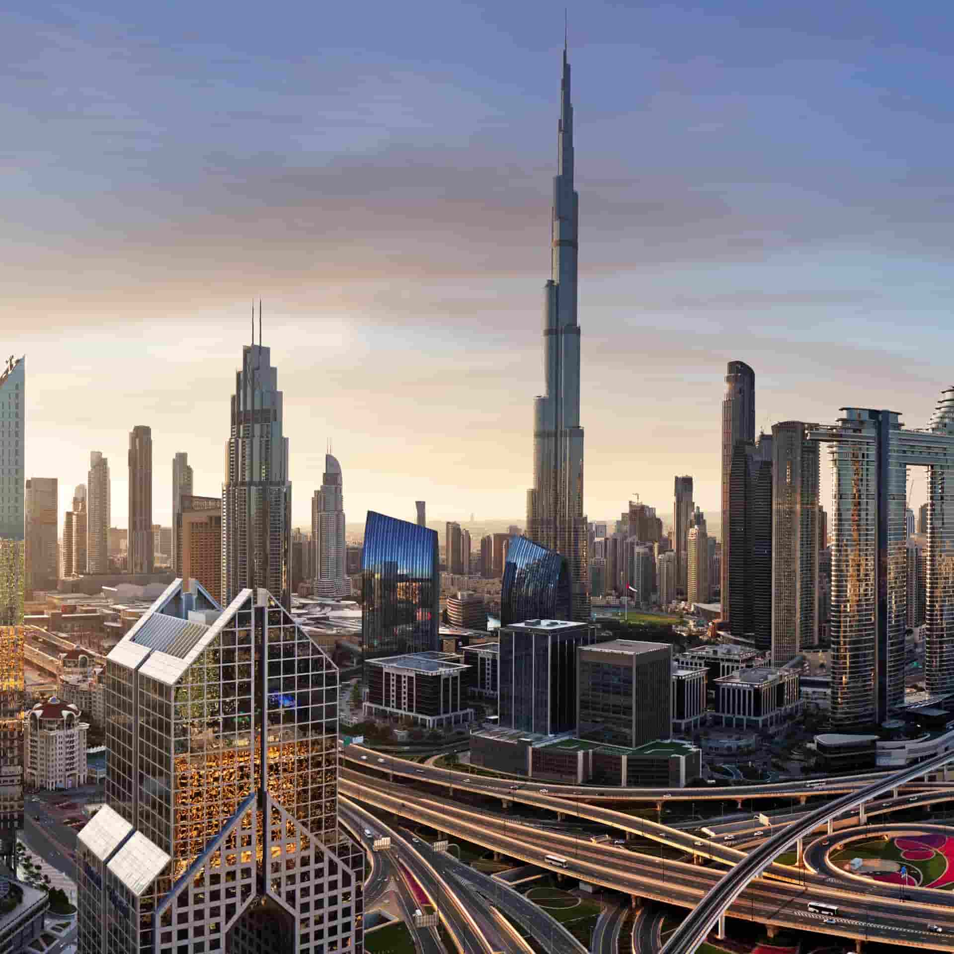 Dubai city skyline at sunset