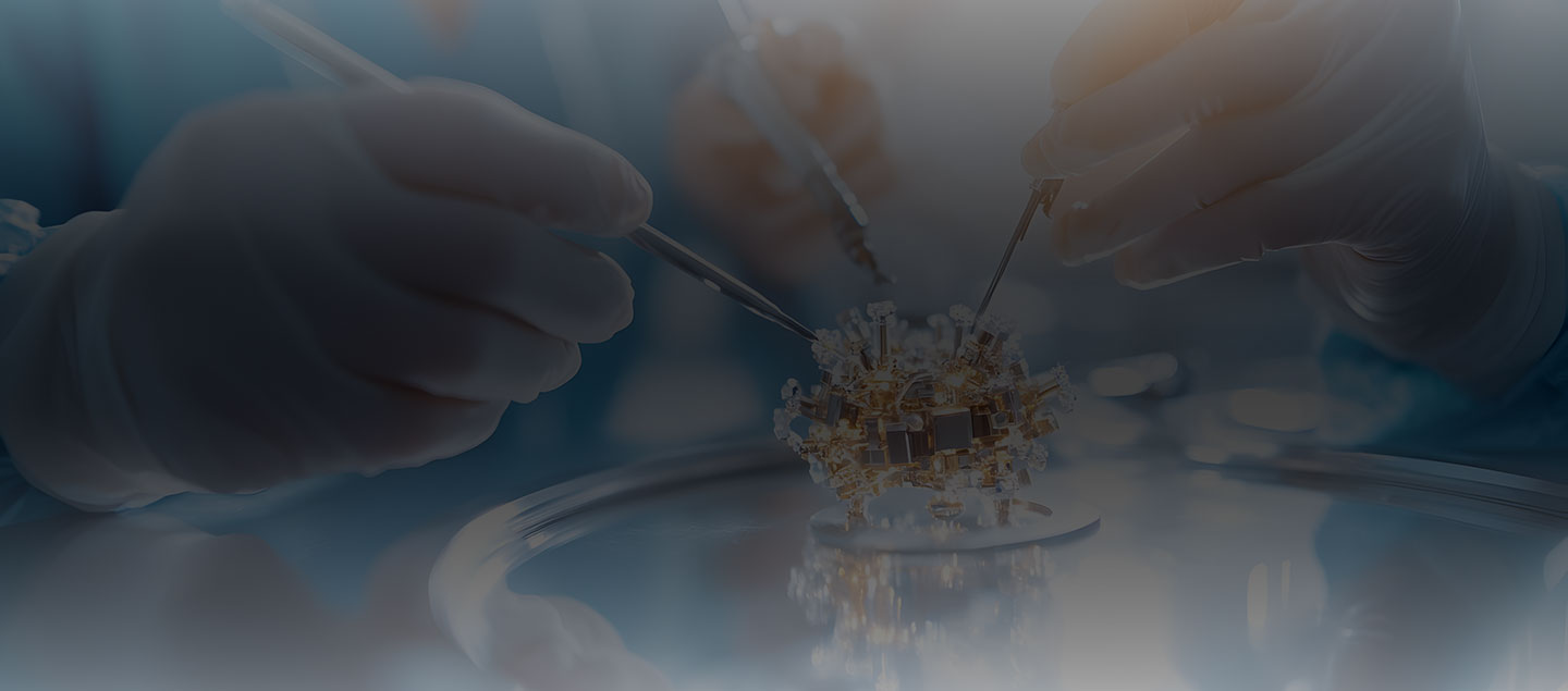 Gloved Hands Performing Precision Surgery on Metal Object in Sterile Blue Light