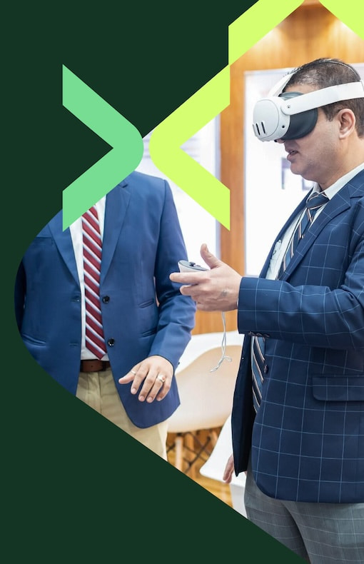 Visitor trying a VR headset at an exhibitor's stand at World Health Expo Labs Nairobi