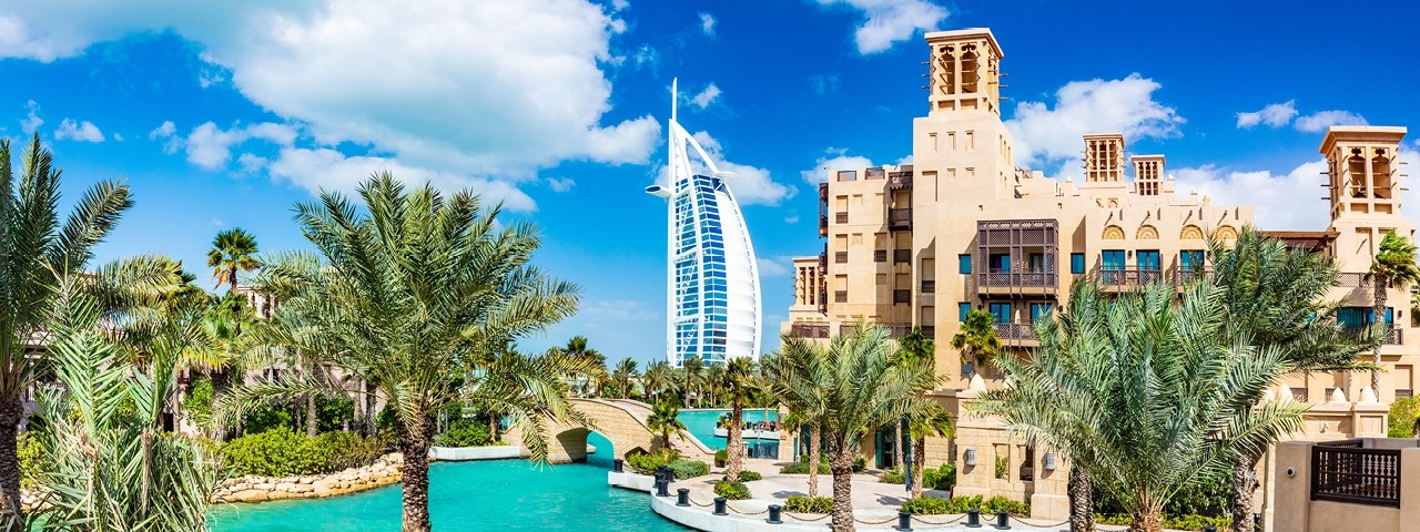 View of Burj Al Arab hotel from Madinat Jumeirah hotel in Dubai