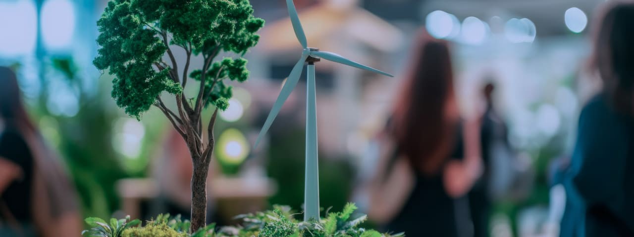 Model tree with a model wind turbine.