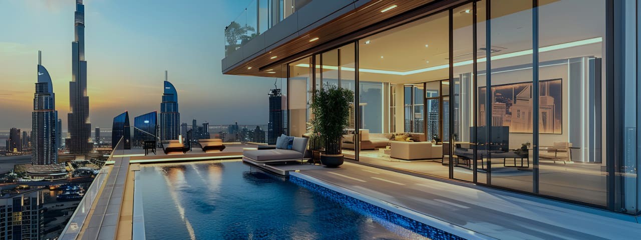 Dubai skyline at sunset from an apartment balcony.