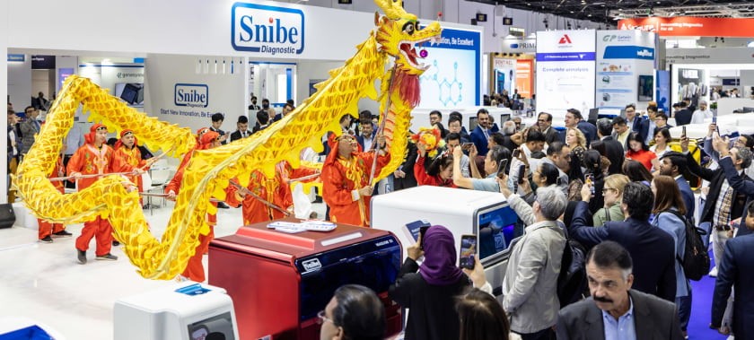 Dragon dancers performing at World Health Expo Lab Dubai
