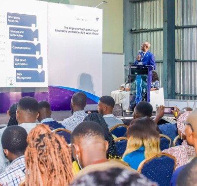 Speaker on stage at WHX Labs Lagos