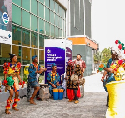 Traditional drummers outside the entrance to WHX Lab Lagos